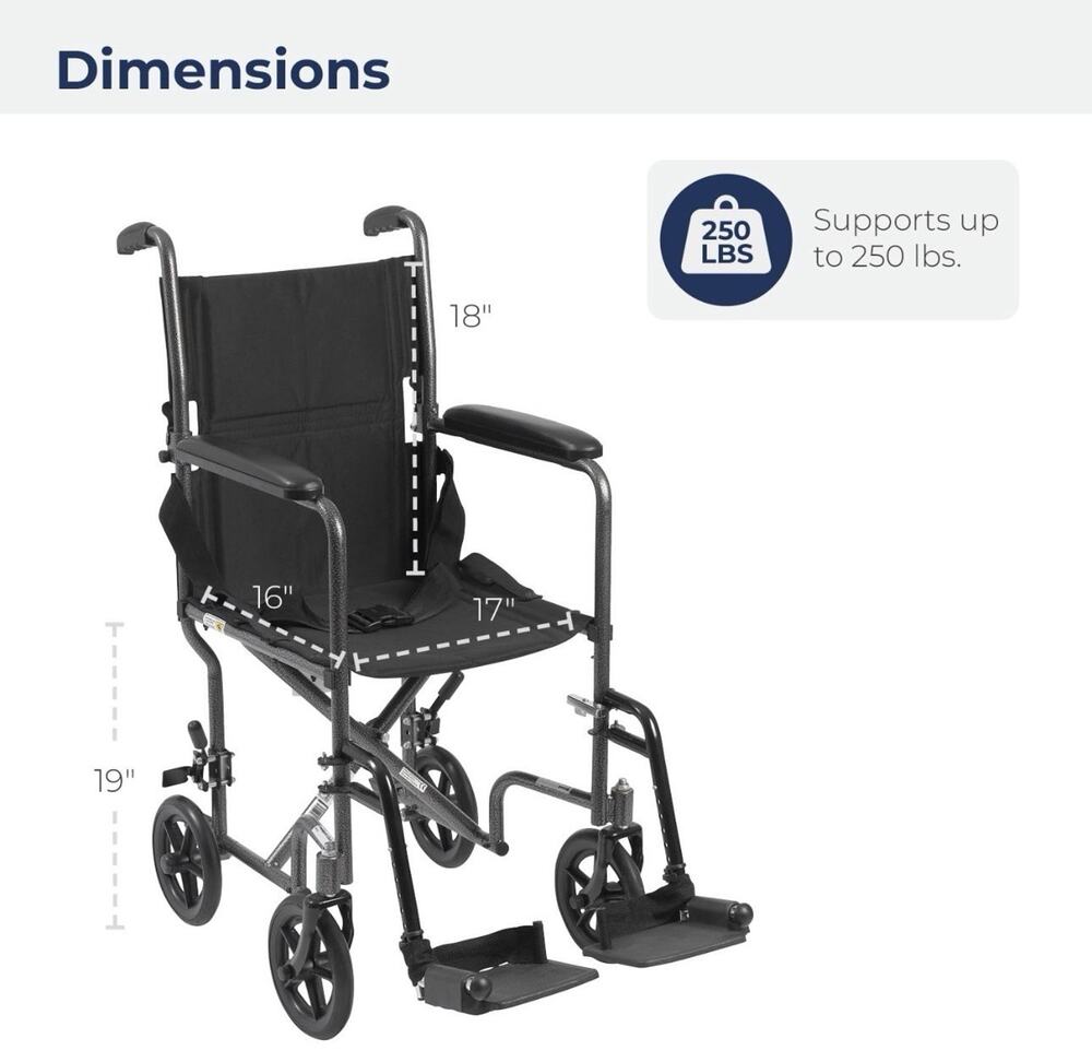 Drive Medical TR37E-SV Lightweight Folding Transport Wheelchair Silver